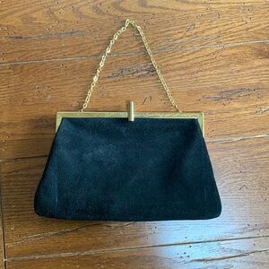 Vintage Etra Black Suede Leather Purses Gold Chain & Trim w/ Etching Clutch Bag